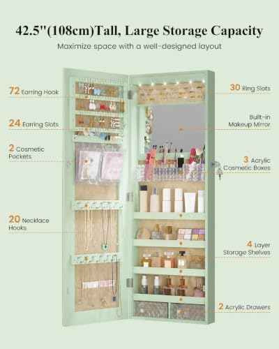 LVSOMT 42.5" Wall Mounted Jewelry Organzier with LED Mirror, Green - Image 2
