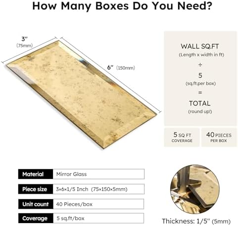 Diflart Peel and Stick Mirror Tile, Light Antique with Gold, 3x6 Inch, Beveled Mirror Backsplash for Kitchen Bar Bathroom Wall Tiles (5 Sq.ft, 40 Pcs) - Image 3