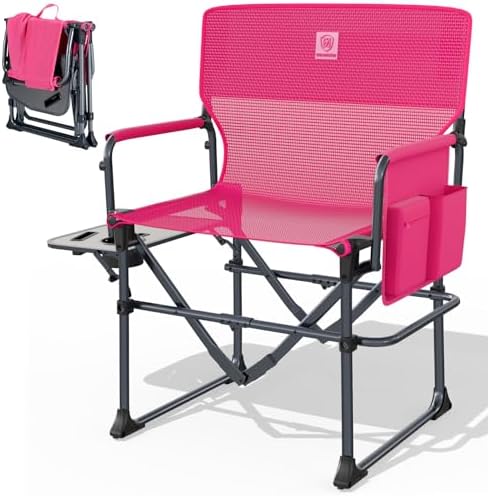 EVER ADVANCED Camping Directors' Chair with Side Table, Portable Folding with Compact Size, Breathable & Quick Dry Design Heavy Duty Lawn Chair with Pocket, 400lbs, Textilene Mesh, Pink by EVERADVANCED