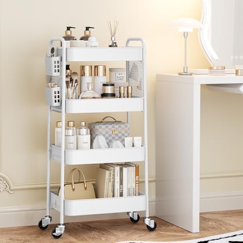 TOOLF 4 Tier Rolling Cart, Metal Utility Storage Cart with Pegboard, White | 2 Bins & 4 Hooks, Screwless Assembly, Lockable Wheels, Trolley Organizer for Bathroom, Kitchen, Office, Dorm, Craft Room - Image 3