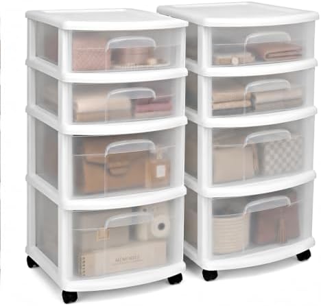 HOMZ Drawer Tower, 4-Tier Storage Cart with Removable Wheels, White, 2 Pack by Homz