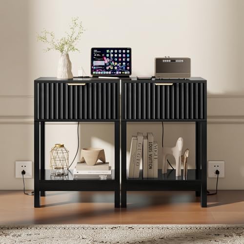 Nasonet Night Stand Set 2, Fluted Nightstand with Charging Station, Wood Bedside Table with Drawer & Storage Shelf, Modern End Tables for Bedroom Sofa Couch Office, Black - Image 6