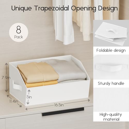 Homsorout Large Closet Organizers and Storage Bins - 8 Pack Trapezoid Storage Baskets for Shelves, Foldable Fabric Baskets with Handles Ideal for Closet, Basket, Wardrobe and Shelf Storage, White - Image 2