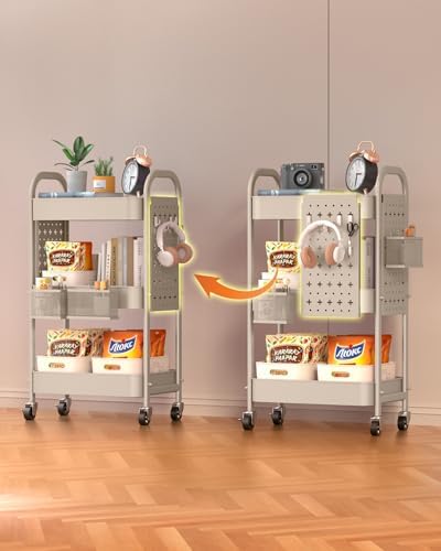 ALVOROG 3 Tier Metal Rolling Utility Cart with Pegboards,Baskets,Hook,Khaki - Image 4