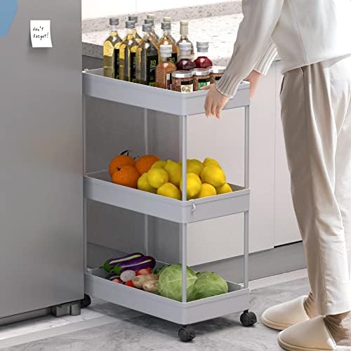 SPACELEAD 3 Tier Rolling Cart with Wheels, Storage Craft Art Trolley Organizer Serving, 3 Hanging Baskets Easy Assembly, for Office, Living Room, Kitchen, Gray - Image 5