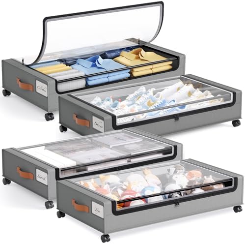Yecaye 4 Pack Under Bed Storage with Wheels, Under Bed Storage Containers with Lids, Large Under Bed Rolling Storage with Clear Window & Label, Rolling Drawers for Clothes, Blankets, Books by Yecaye