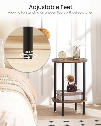 CHOEZON Round Side Table, 2-Tier End Table, Small Round Nightstand with Sturdy Metal Tube, Industrial Circular Coffee Table, for Living Room, Bedroom, Rustic Brown and Black TBZ01BF - Image 4