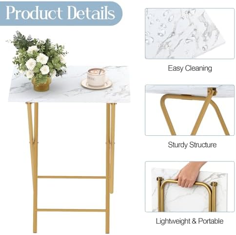 Folding TV Tray Table Set of 2, Portable Foldable TV Dinner Tray, Space-Saving Snack Serving Sofa Side Table, Easy to Fold Stable TV Trays for Living Room, Bedroom, Small Spaces (White Marble + Gold) - Image 5