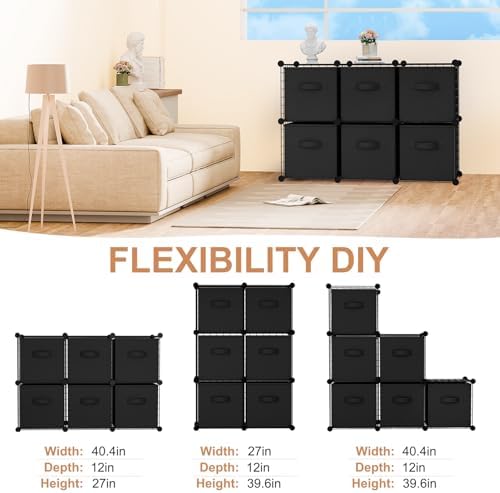 Leinuosen 6 Cube Storage Organizer with 6 Foldable Fabric Storage Bins, Metal Wire Grid Shelves, Stackable Modular Closet Organizer for Bedroom Living Room Office Toys Books(Black,Black) - Image 4