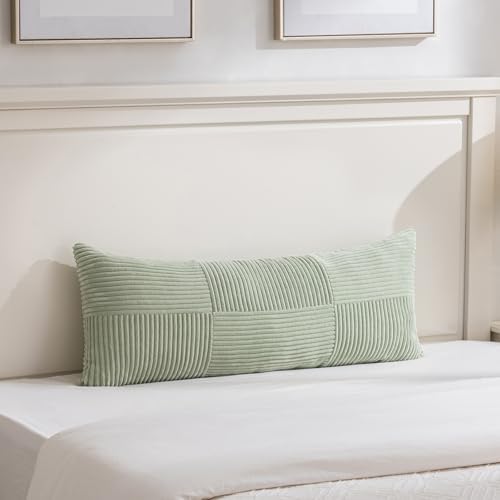Fancy Homi Set of 2 Sage Green Boho Long Lumbar Body Decorative Throw Pillow Cover 14x36 Inch for Bed Couch Bedroom Bench, Soft Patchwork Corduroy Textured Pillow Case, Rustic Farmhouse Room Décor - Image 6