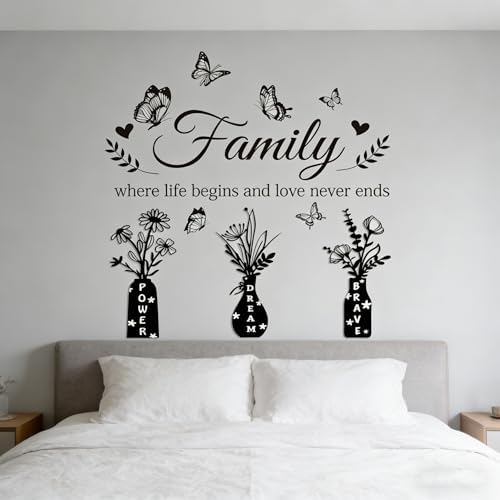 Family Where Life Begins and Love Never Ends Wall Decal - Inspirational Quote with Floral Vase & Butterfly Stickers, Power Dream Brave Vinyl Wall Art for Living Room, Entryway, Farmhouse Home Decor - Image 4