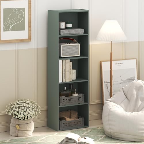 Furinno LUDER Book Shelf, 5-Tier Bookshelf, Bookcase with Open Shelves, 9.4 x 15.8 x 52, Easy Assembly, for Living Room, Bedroom, Home Office, Sage Green - Image 2