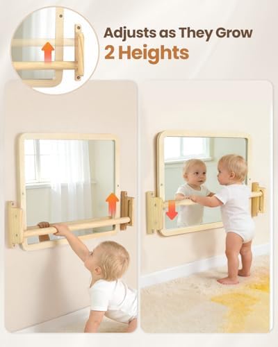 Montessori Mirror with Bar – Adjustable Baby Pull Up Bar, Anti-Rotation Design & Acrylic Safety Baby Mirror for Wall – Tummy Time, Pull to Stand Toys for Infant Toddler Nursery - Image 3