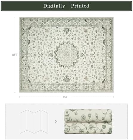 8x10 Washable Area Rugs for Living Room,Bedroom,Dining Room - Green Retro - Image 2