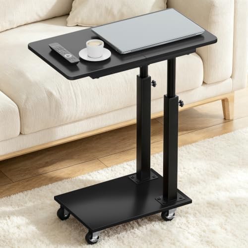 AOODA 22''W TV Tray Table with Wheels Adjustable Height, C Shaped End Tables Living Room, Rolling Couch Side Table with Storage for Sofa, Bed, Recliner (Pure Black) by AOODA