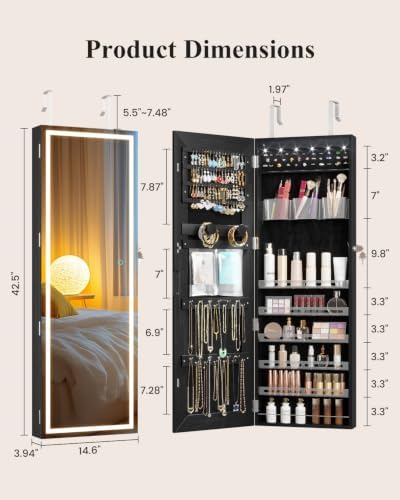 LVSOMT Wall Mounted Jewelry Organizer with Full Length Mirror, 42.5" Black - Image 6