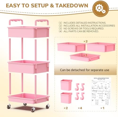 Goovilla Diaper Cart with Lockable Wheels and Easy Assembly, 3 Tier Pink - Image 6
