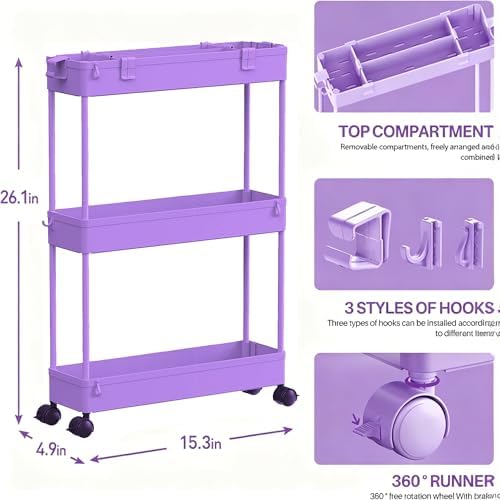 SPACELEAD Slim Storage Cart 3 Tier,Bathroom Organizer Rolling Utility,Mobile Shelving Unit Slide Out for Office, Kitchen, Laundry Room & Narrow Places,Purple - Image 3