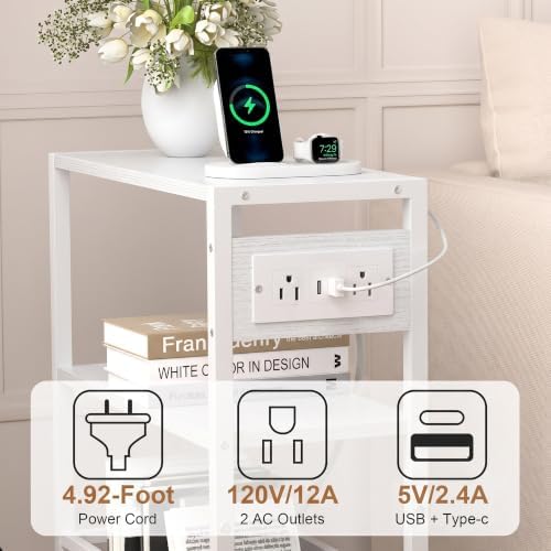 Small Narrow Side Table with Charging Station, Skinny End Table for Small Spaces, Slim Nightstand with Outlets, Sofa Bedside Table in Living Room, Bedroom, Study, Kitchen and Balcony, White - Image 6