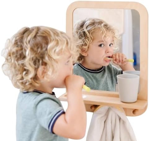 Montessori Wooden and Acrylic Wall Mirror with Hooks for Toddlers - Entryway Mirror with Hooks and Shelf Organizer Self-Care Station by MontessoriMe