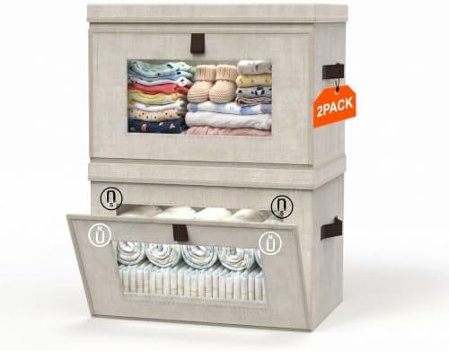 2 Pack 15x10x10 Magnetic Front Opening Closet Organizer Bins, Foldable Fabric Storage Boxes with Lids for Shelves, Clothes, Nursery, Toys, Yarn, Towels, Living Room by CABIBOX