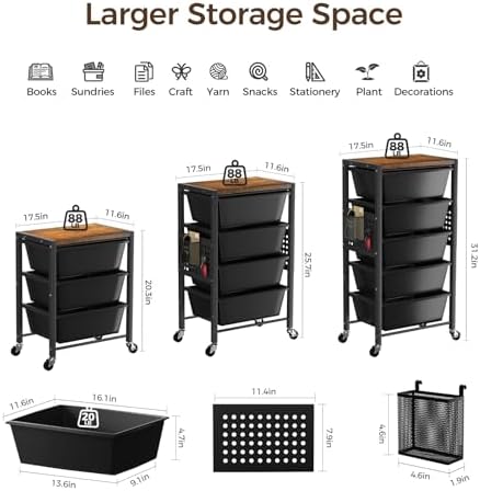 Rolling Cart with 5 Drawers, Plastic Drawer Storage Carts with Wheels & Wooden Tabletop, Metal Utility Cart with Pegboards, Office Living Room Classroom Craft Organization and Storage, Dark Black - Image 3