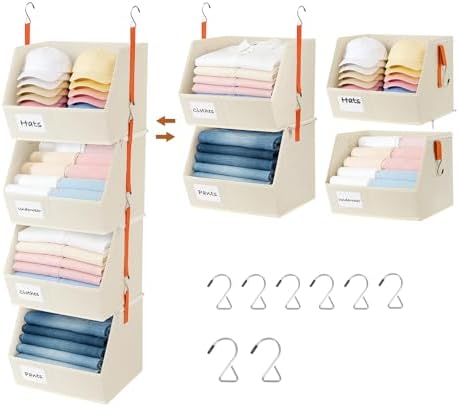 4 Pcs Modular Closet Organizer - Detachable & Foldable Hanging Storage Cubes, 88L Total Capacity, Heavy Duty Fabric Shelves for Wardrobe, Closet Organization, RV, Dorm, Beige by Baesyhom