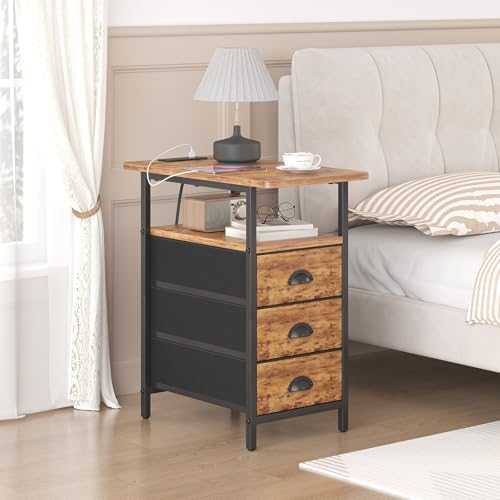 sthmec End Table with Charging Station, Side Tables Livingroom with USB Ports and Outlets,Narrow Nightstands Bedside Tables with 3 Drawers for Small Space,Slim Sofa Table Bedroom,Rustic Brown - Image 6