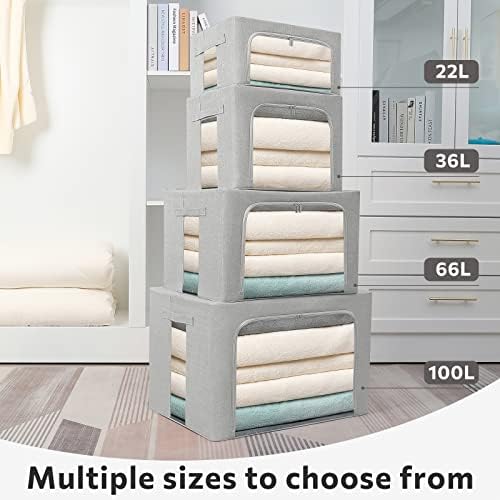 FHSQX 2 Pack Clothes Storage Bins Stackable Metal Frame Storage Box Foldable Linen Fabric Organizer with Carrying Handles and Clear Window (Light Gray, 15.7x 11.8x 7.8Inch) - Image 6