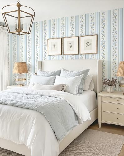 Safiyya Peel and Stick Wallpaper Stripe Floral Wall Paper Removable Blue White Green Contact Paper 17.7''x78.7'' Waterproof Self Adhesive Vinyl Boho Wallpaper for Bedroom Living Room Decor - Image 7