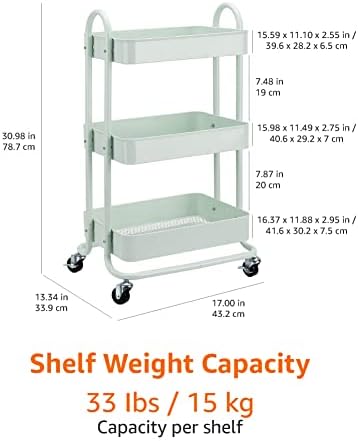 Amazon Basics 3-Tier Metal Rolling Utility Cart, Storage Organizer, Multi-Functional Kitchen Island Cart, Portable Shelving Unit with Caster Wheels, Mint Green - Image 5