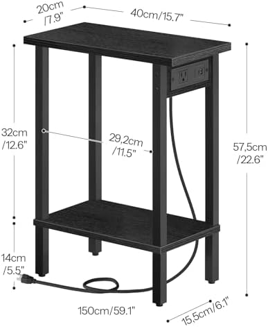 HOOBRO Small End Table with Charging Station, Narrow Side Table with USB Port and Outlets, Skinny Sofa Table, Slim Nightstand, Living Room, Bedroom, Black BK240UBZ01 - Image 3