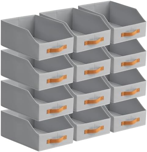 Homsorout Fabric Storage Bins for Organizing - 12 Pack Large Trapezoid Collapsible Storage Bins with Front Handle, Closet Organizers and Storage for Bedroom, Home Shelves, Small Spaces, Grey by Homsorout