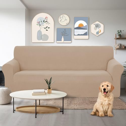 U-NICE HOME Stretch Couch Cover Sofa Covers for 3 Cushion Couch Slipcover with Elastic Bottom Furniture Protector for Dogs, Spandex Jacquard Soft Fabric (Large, Camel) - Image 2
