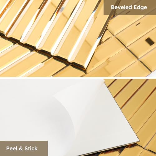 Diflart Peel and Stick Mirror Backsplash Tile, Gold, 11.8 x 11.8 Inch, Beveled Mirror Strip Tile for Kitchen Bathroom Bar Accent Wall, Pack of 5 Sheets - Image 4