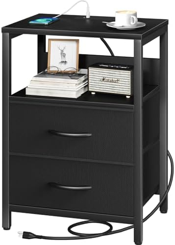 Yoobure Nightstand with Charging Station, Small Night Stand with Fabric Drawers and Storage Shelf for Bedrooms, Nightstands for Small Spaces, Bedside Table with USB Ports & Outlets Bed Side Table by Yoobure