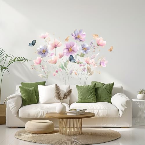 ANNA QUEEN Watercolor Floral Wall Decals Peel and Stick, Pastel Flower Wall Stickers, Botanical Wall Decor Removable Vinyl Wall Art for Bedroom Living Room Decor by ANNAQUEEN