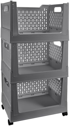 Stackable Plastic Storage Bins, 3 Pack Foldable Closet Organizers and Storage Basket with Wheels, Collapsible Drawer Shelf Storage Box Container for Office Bedroom Closet Wardrobe Kitchen Bathroom by BUZIFU