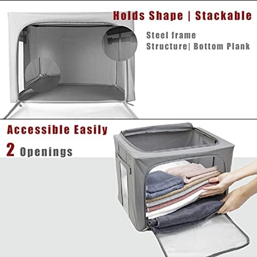 Clothes Storage Box Bins Stackable Foldable Organizer with Metal Frame for Clothing Bedding Shelves,Closet Container with Clear Window Zipper and Label Holder (Gray,Small-40L x3 Pack) - Image 3