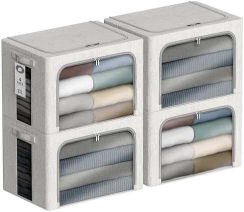 4 Pack Clothes Storage Bins with Metal Frame - 22L Stackable Storage Box with Lid，Foldable Storage Container Organizer for Clothes，Linen Fabric Storage Box with Clear Window＆Zippers＆Handles by Chizjox