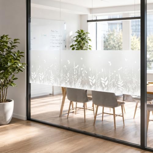 Static Cling Privacy Window Film, 78" x 17" Frosted Glass Covering with Wildflower & Botanical Patterns, Removable No Glue Window Film for Home Bathroom Bedroom Office (Butterfly & Fern Botanical) - Image 3