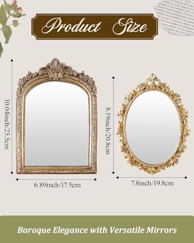 Wonderjune 3 Pcs Vintage Gold Mirror Set Wall Decorative, 8-15in Vintage Wall Mirror Hanging Antique Hanging with Stand for Living Room Home Wedding Decor(Retro Mixed Style, 12in/10in/8in) - Image 2