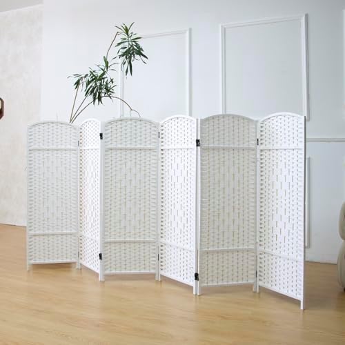 Furnnylane 6 Panel Rattan Divider Short Room Partition Screen,Double Sided Folding Divider for Room Separation,White,47.2" H x 94.5" W by Furnnylane