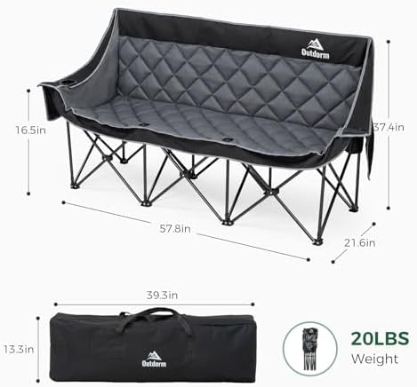 Padded 3 Person Camping Chair, Oversized Camping Couch Support 660lb, Black - Image 3