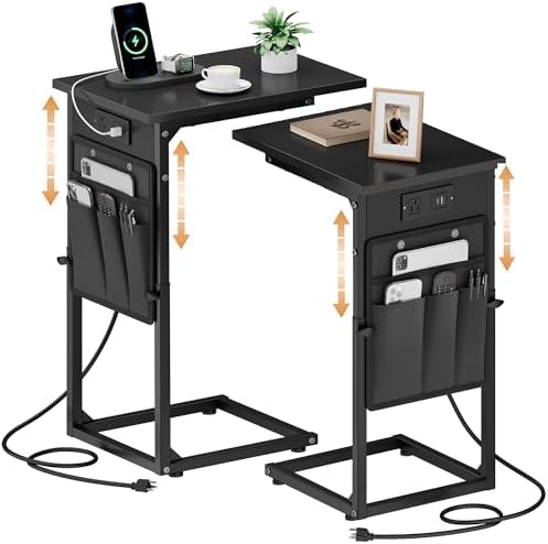 Vagusicc C-Shaped End Tables Set of 2 with Charging Station, 33'' Tall C Table Adjustable Height Side Table, Sofa Table for Couch, Couch Table that Slide Under Sofa, TV Trays for Living Room, Black by Vagusicc