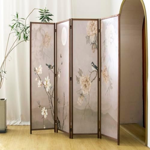 4 Panel Room Divider, 5.6 ft Tall Blackout Folding Privacy Screen - Freestanding Partition Wall with Double-Sided Patterns, Graceful Floral and Bird Artwork for Home Office (67" H x 63" W) by PawlaBay