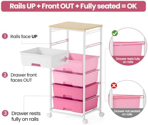 6 Drawer Rolling Storage Cart with Wooden Top and Wheels for Crafts, Pink - Image 6