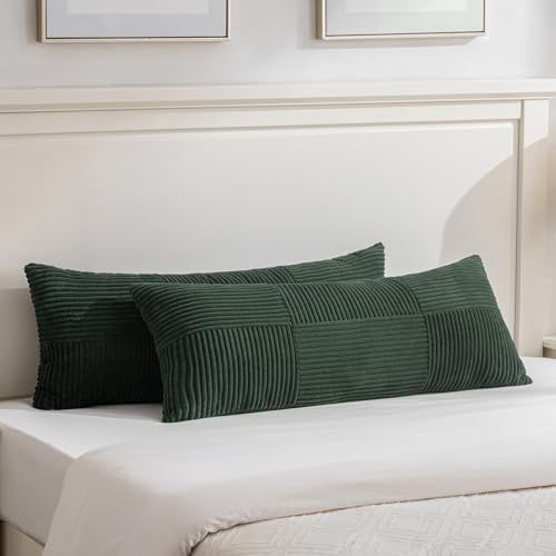 Fancy Homi Set of 2 Dark Green Boho Long Lumbar Body Decorative Throw Pillow Cover 14x36 Inch for Bed Couch Bedroom Bench, Soft Patchwork Corduroy Textured Pillow Case, Rustic Farmhouse Room Decor by Fancy+Homi