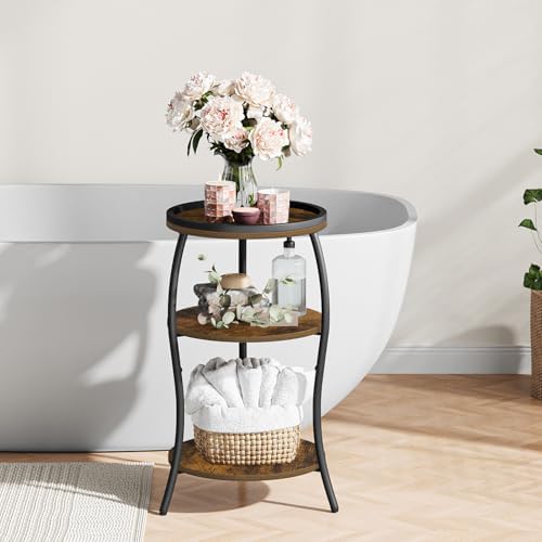 YINMIT 3 Tier Small Round Side Table, Brown Compact End Table with Tray Top - Image 7
