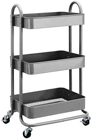 Amazon Basics 3-Tier Rolling Utility or Kitchen Cart, Lockable Wheels, Multifunctional Storage, Mobile Shelving Unit, Metal Storage Organizer, Charcoal by AmazonBasics
